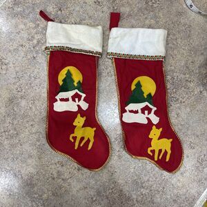 Vintage Christmas Stocking Reindeer Home Appliqué Kitschy Set Of 2